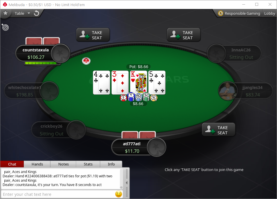 The default PokerStars cash game table view at NL Holdem